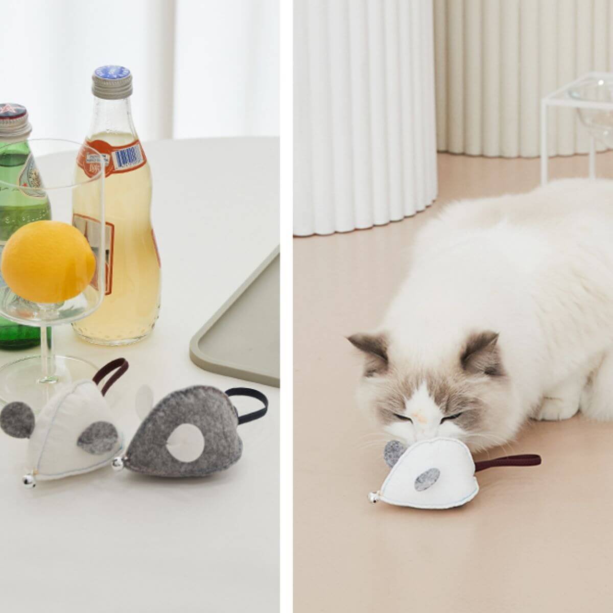 A white ragdoll cat sniffing the Studio Alive Mikitoy Catnip Mouse Toy.