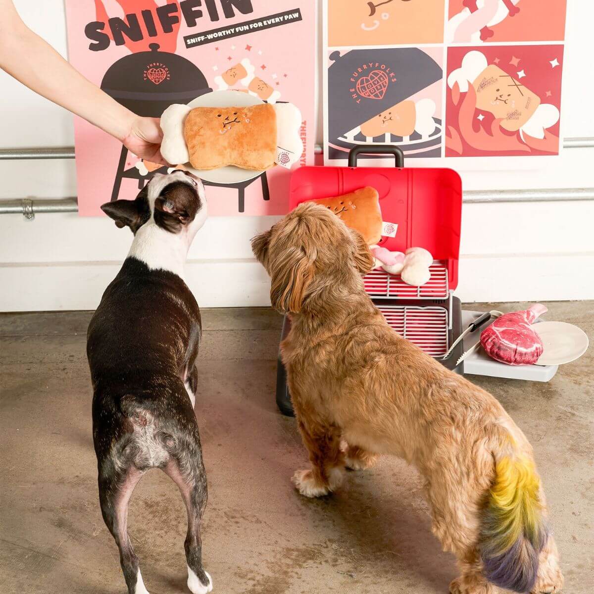 Two dogs with the furryfolks bone appetit nosework toy. 
