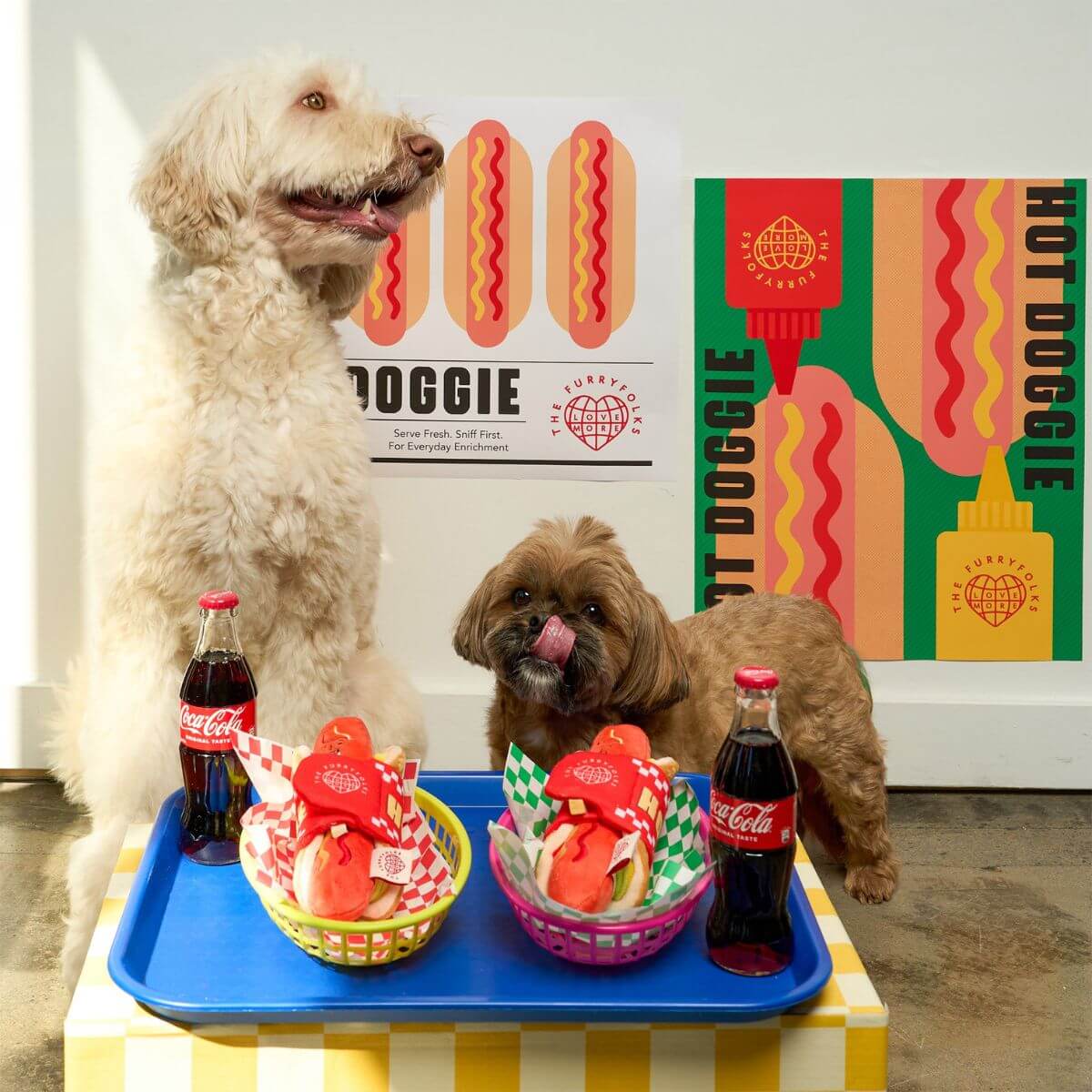 2 dogs standing around a mock hotdog stand to see the furryfolks hot doggie nosework toy. 