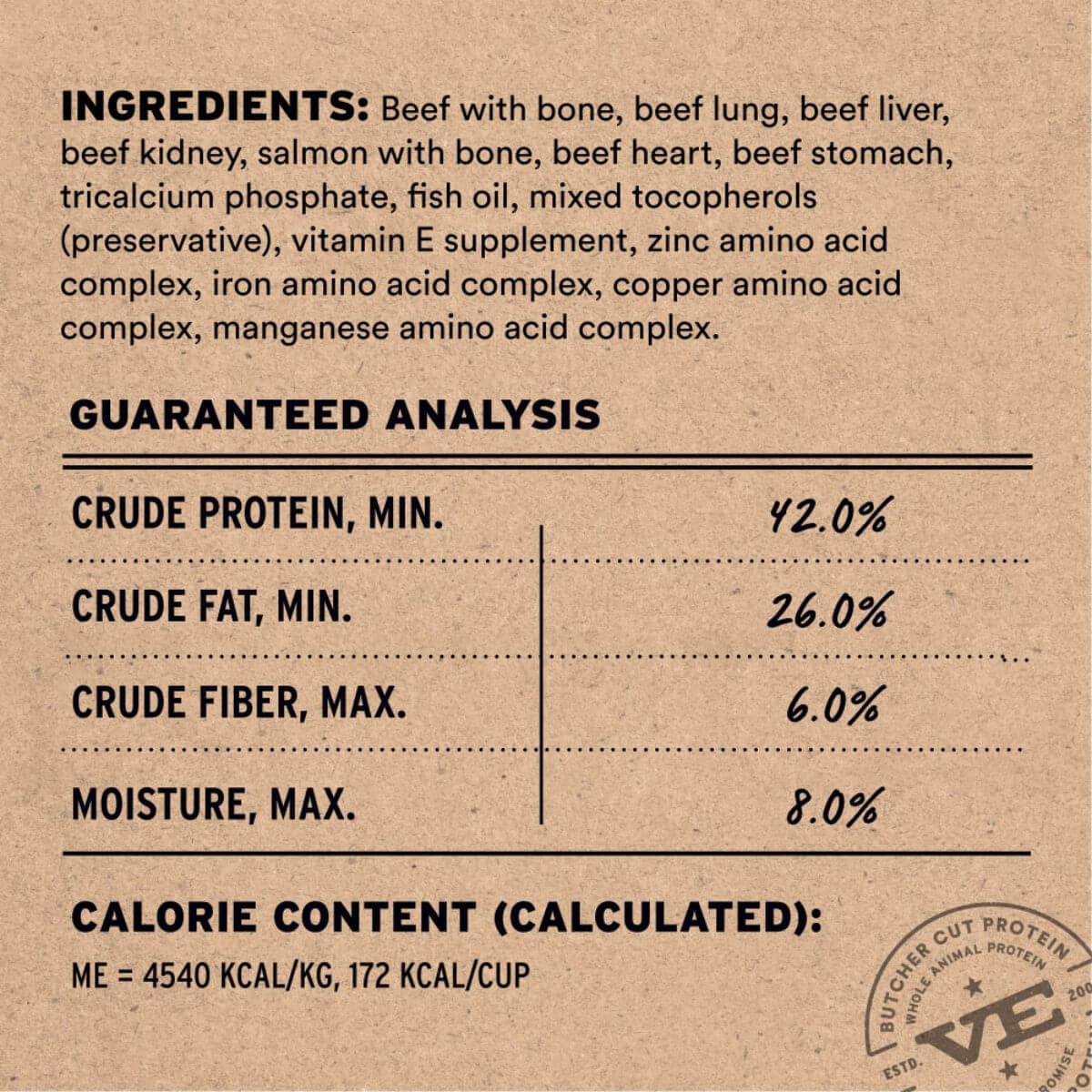 Vital Essentials Beef and Salmon Soft Nibs ingredient list.