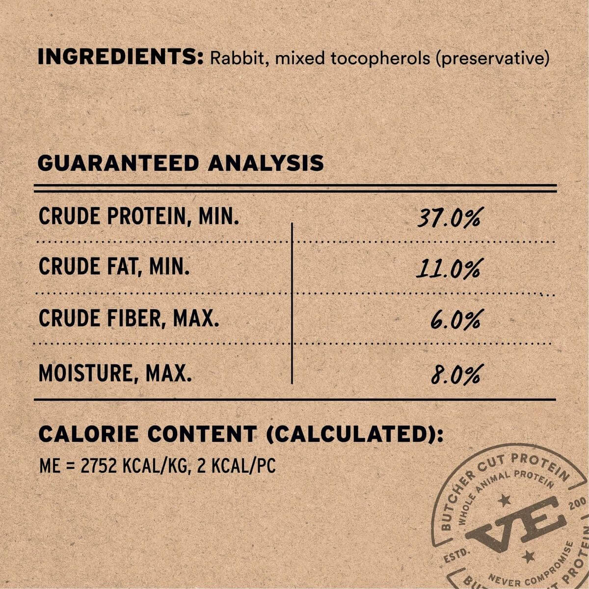 Nutritional analysis on Vital Essentials Freeze-Dried Raw Rabbit Bites treats.