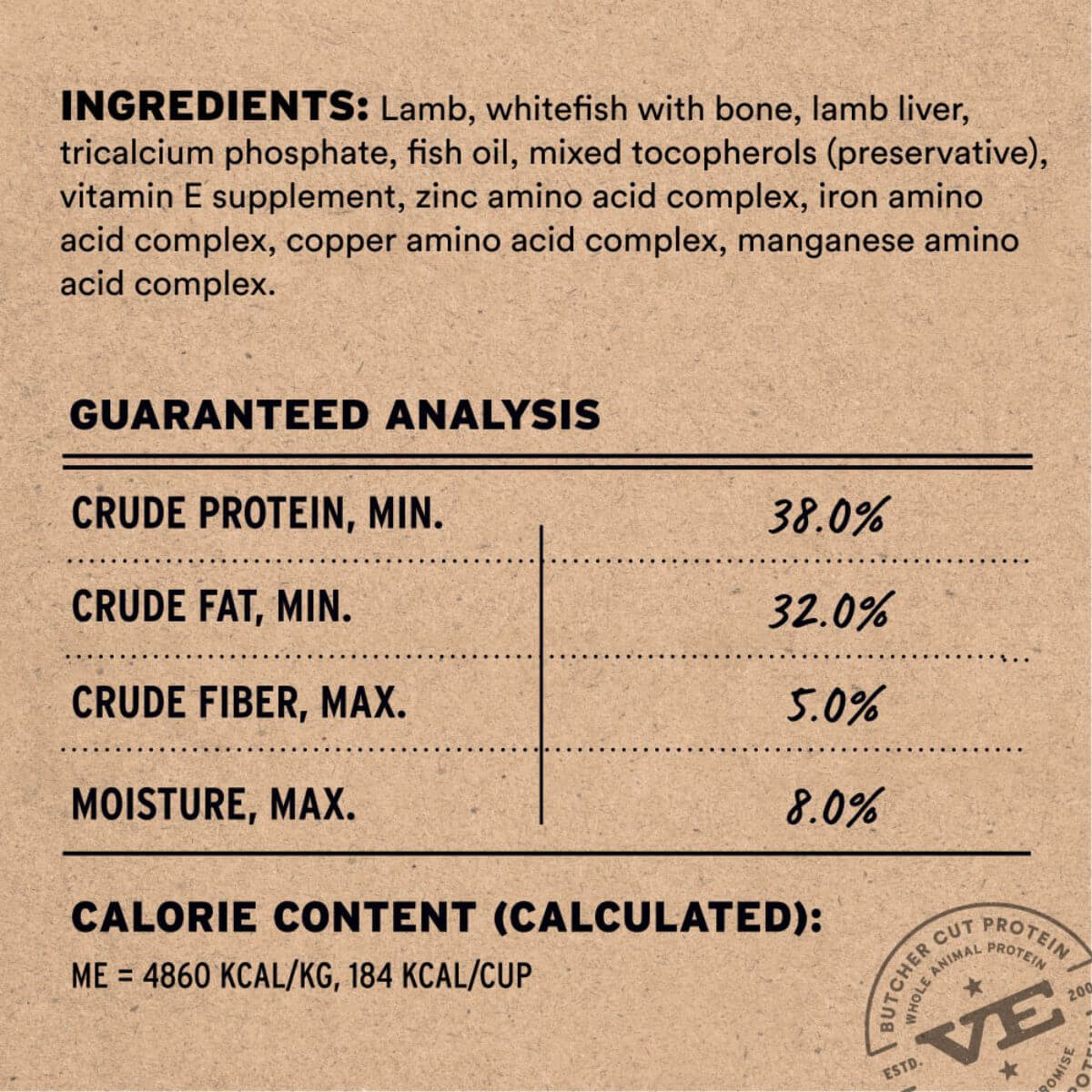 Vital Essentials Lamb and Whitefish Soft Nibs ingredient list.