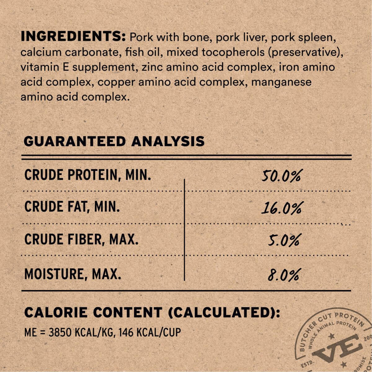 Vital Essentials Pork Soft Nibs ingredient list.