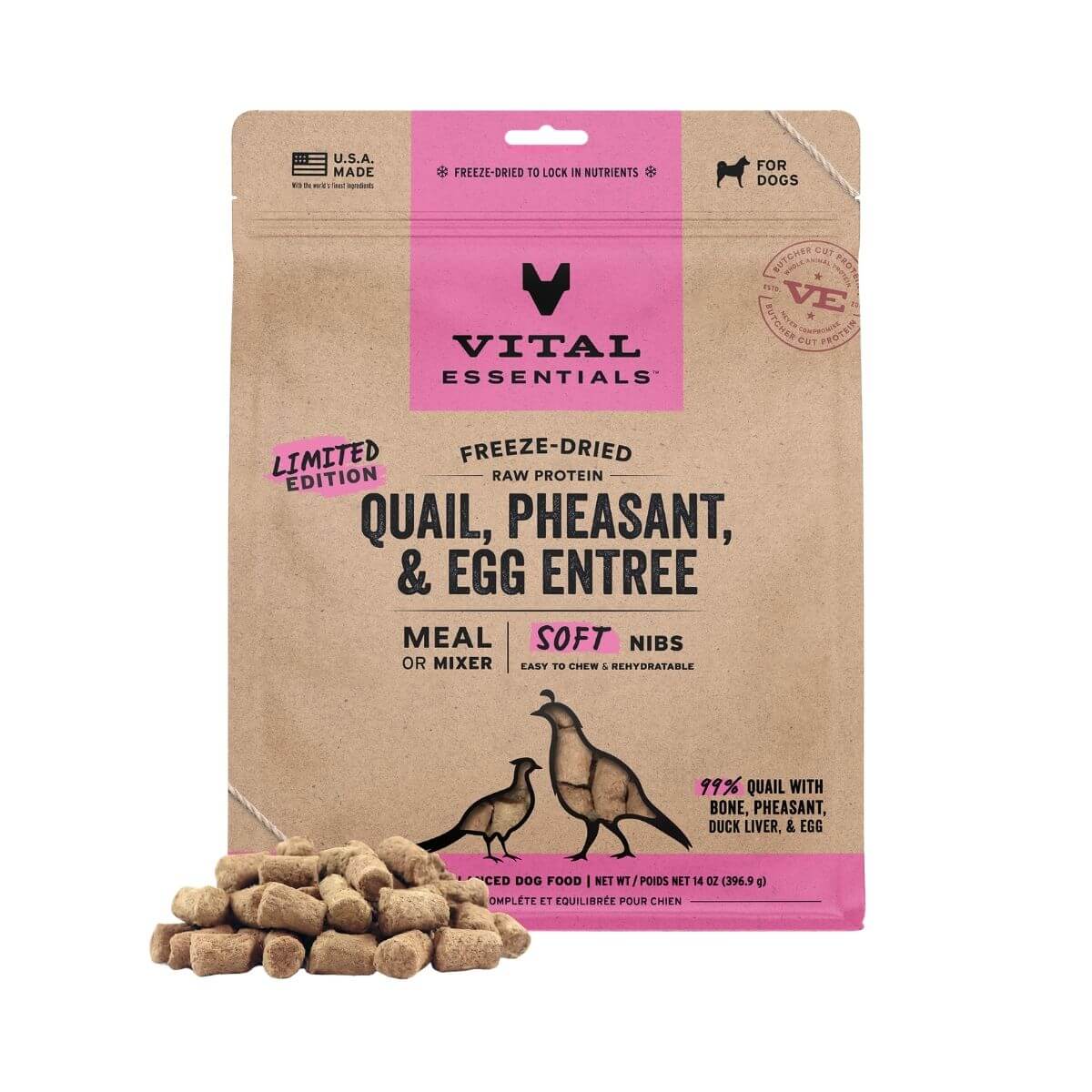 Vital Essentials Quail, Pheasant, Egg, soft nibs against a white background. 