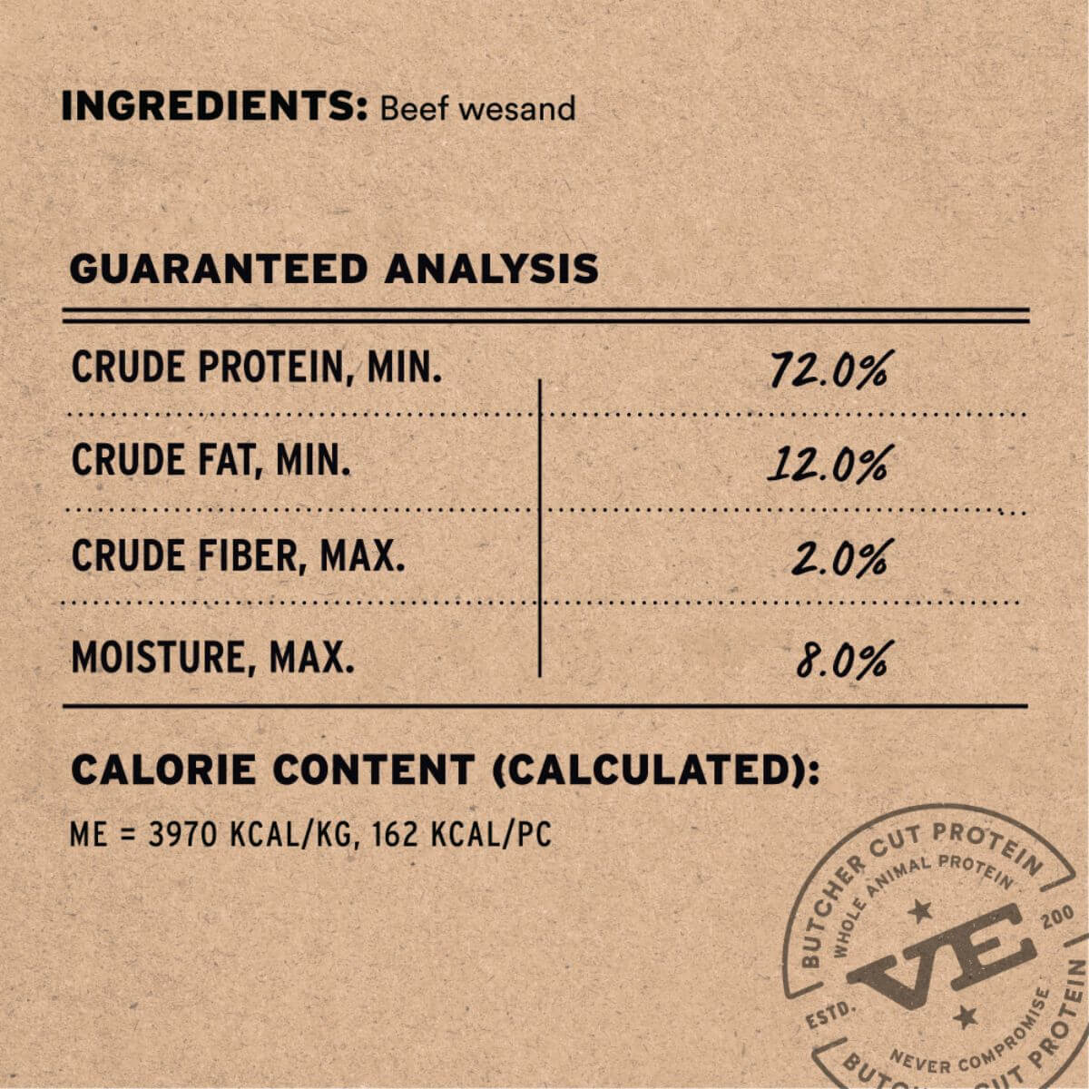 Vital Essentials Raw Bar Freeze-Dried Moo Bar Beef Weasand ingredients.