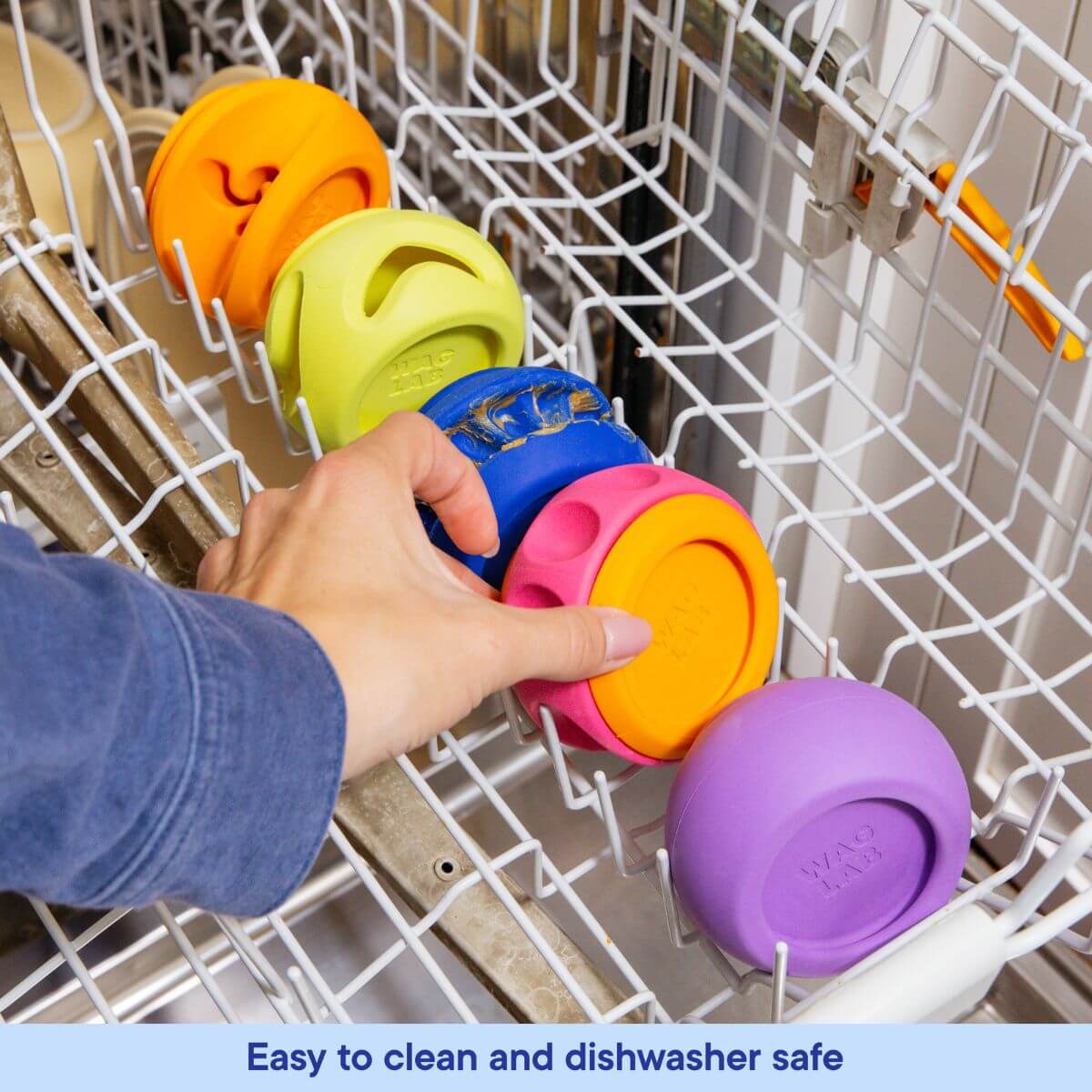 Waglab playstack lined in a dishwasher top rack.